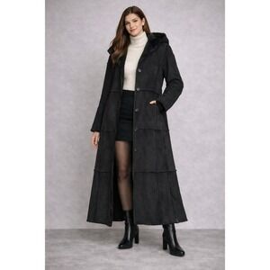 Vintage 90s Y2K Baby Phat Coat Womens Black Faux Suede Long Sherpa Lined Hooded